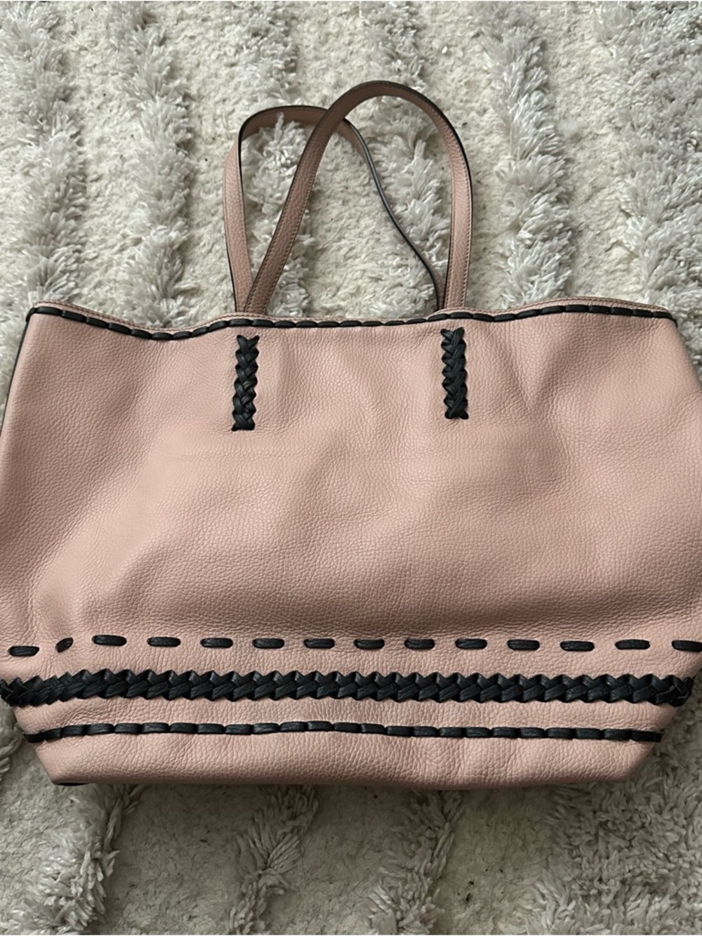 Tod's Pink pebbled Leather Tote with Black Braided Trim